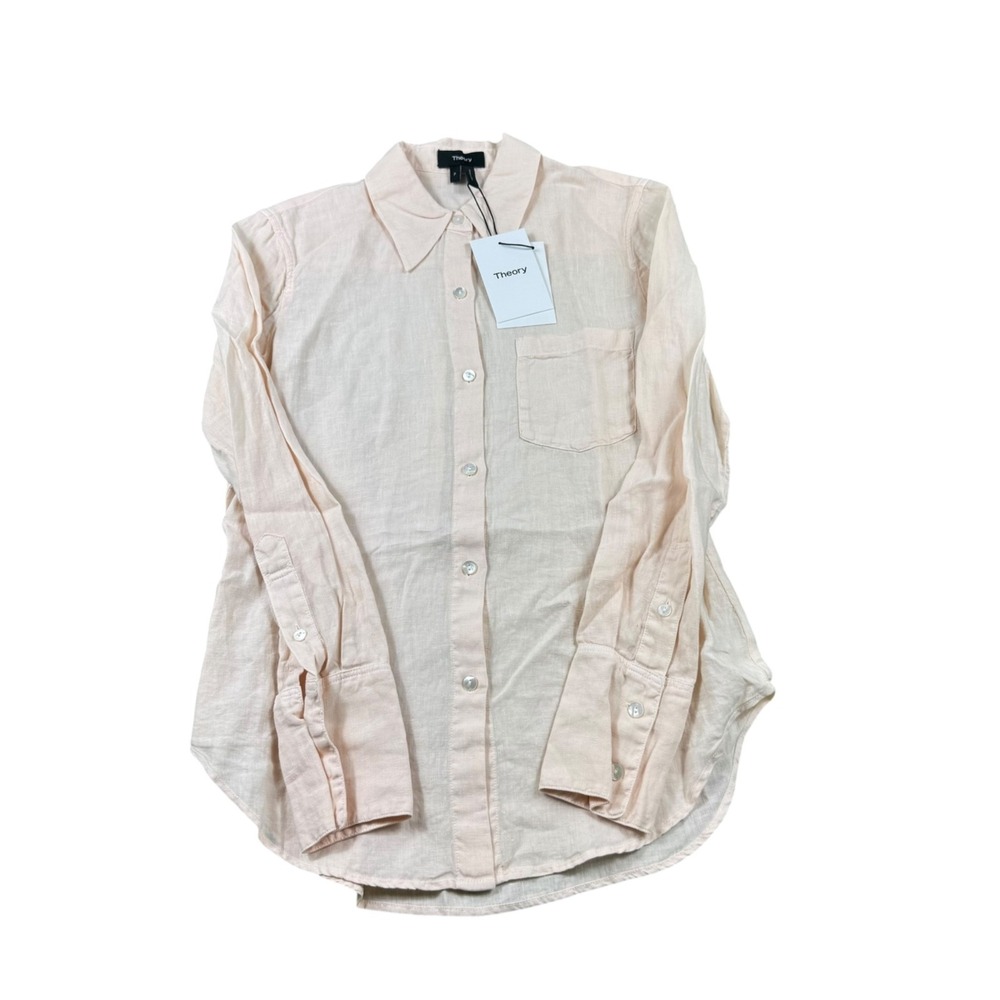 Theory Women Pale Pink Spring Linen Slim Collar Buttondown Shirt K0403501 Size P